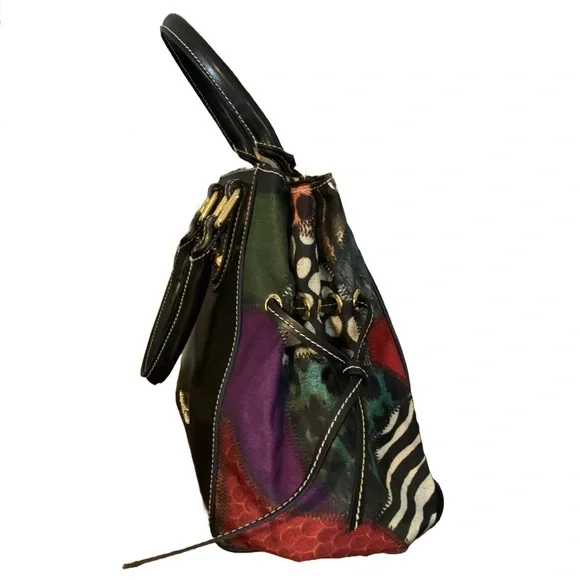 BRACCIALINI BLACK LEATHER SHOULDER BAG W/MULTI COLOR FABRIC SIDES - Picture 10 of 13